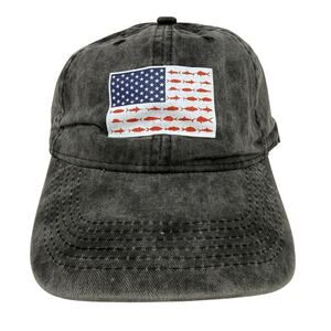 Gray Dad Hat Baseball Cap Fish American Flag Print Adjustable Strap NWOT